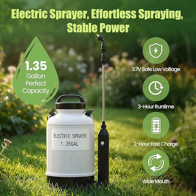 Battery Electric Sprayer, 1.35 Gallon USB Rechargeable Portable Lawn Garden Sprayer with 3.7V Battery, Adjustable Strap, Leak-Proof Wand, 3 Nozzles, 3-Hour Runtime for Plant Care,Outdoor Cleaning
