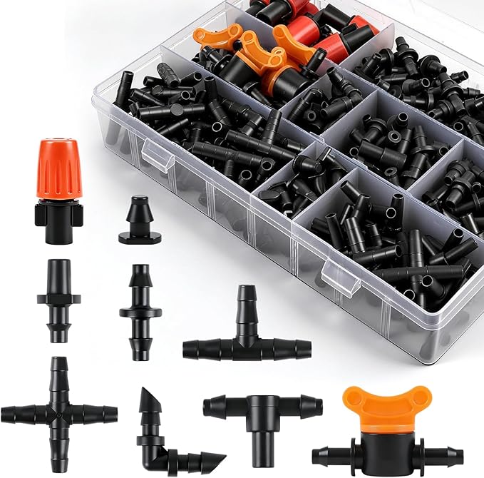 RedChili 290 Pack Drip Irrigation Fittings Kit for 1/4" Tubing, Complete Set with Barbed Connectors (Misting Nozzles, Flat Tees, Single Barbs, Valves, Couplings, Valves, Tees, Elbows, Plugs, Crosses)