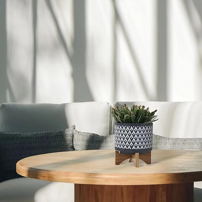 DTY Ceramic Planter Wooden Stand Minimalist Gray Indoor Tabletop Planter - Default