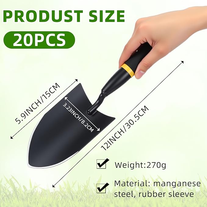 20 Pcs Garden Hand Trowel Heavy Duty Carbon Steel Garden Shovels Tools with Resin Rubberized Handle for Camping, Digging, Soil Planting, Transplanting, Lawn Yard Farm (Broad Trowels)