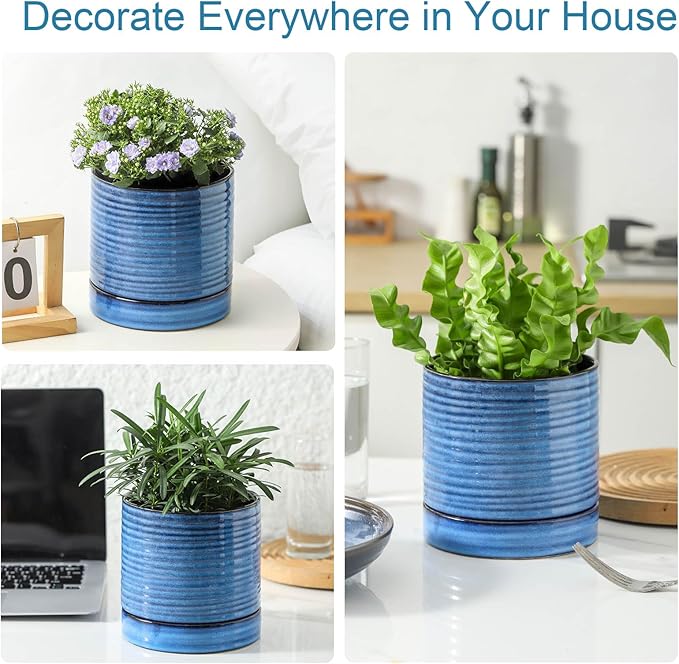 HASENSE Ceramic Plant Pot with Saucer, 6 Inch Planter for Indoor/Outdoor Plants with Drainage Hole,Blue Glazed Flower Pot for Succulents, Snake Plants & Cactus, Modern Farmhouse Decor & Gift