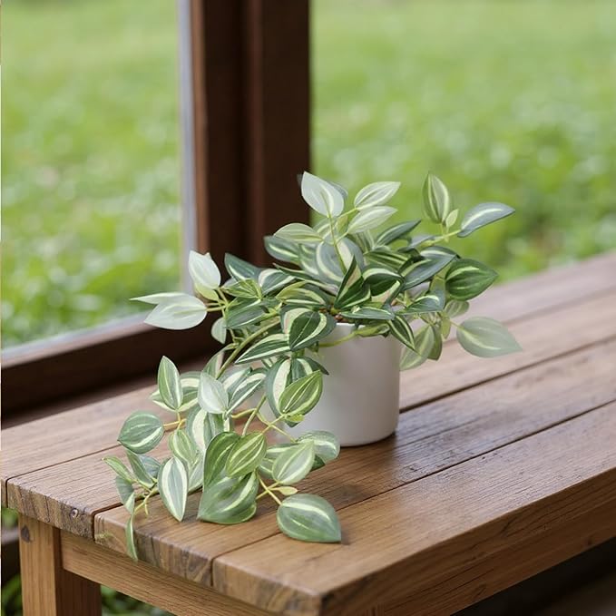Fake Plants Indoor Artificial Hanging Plants with Pot, Potted Silk Greenery Faux Watermelon Peperomia Ivy Draping Plant for Home Office Desk Living Room Bedroom Wall Shelf Decor (Light, Dark Green)