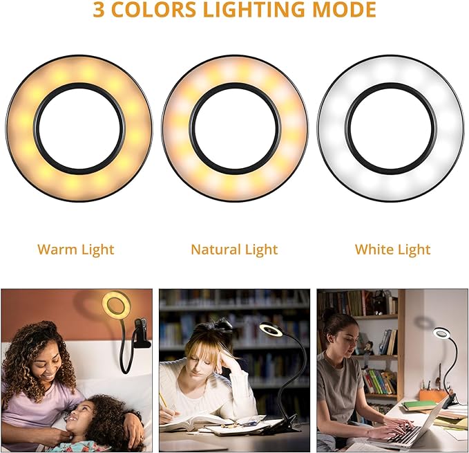 Woputne Desk Clip on Lamp for Reading Home Office, with 5V 2A Adapter, 10 Dimmable Brightness 3 Modes, Clamp Reading Light for Bed Headboard, Craft (Black)…