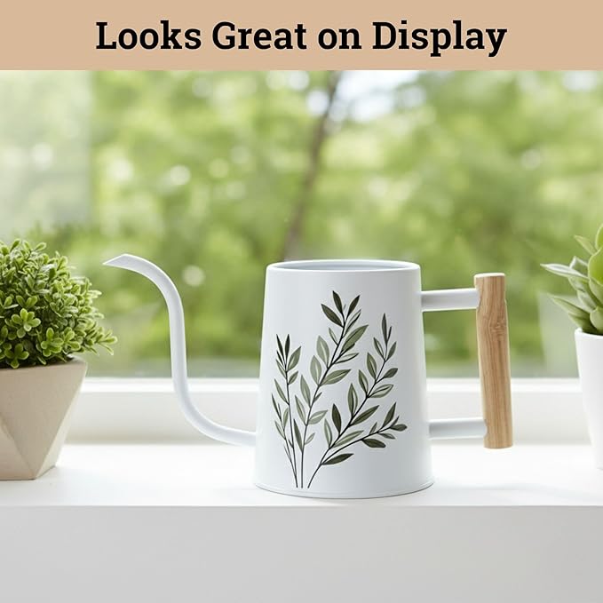 35 oz Metal Small Indoor Watering Can with Long Spout & Real Wood Handle for House Plants, Succulents, Cacti & Seedlings - White Long Spout Watering Can Indoor Plants - Stylish, Gentle Flow, No Spills