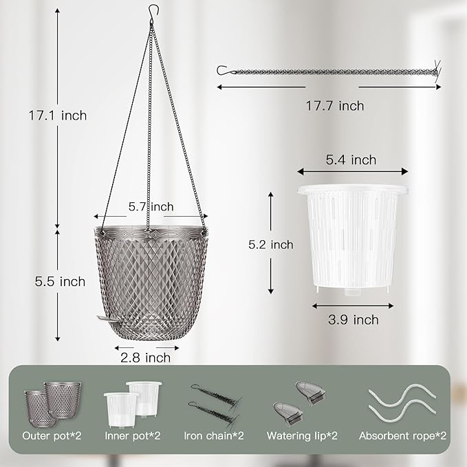 QCQHDU Self Watering Hanging Pots, 2 Pack 5.7 Inch Hanging Planters for Plants Indoor, Flower Pots with Drainage Holes and 3 Hooks Chains for Garden Home (Gray)