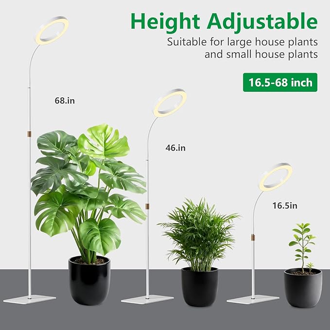 SDOVUERC Full Spectrum Grow Light with Stand for Indoor Plants, Floor Plant Light, 6/12/18H Timer, 3 Color Modes, Adjustable Height 16.5–68in, for Large Plants & Home Décor(1 Head,White)
