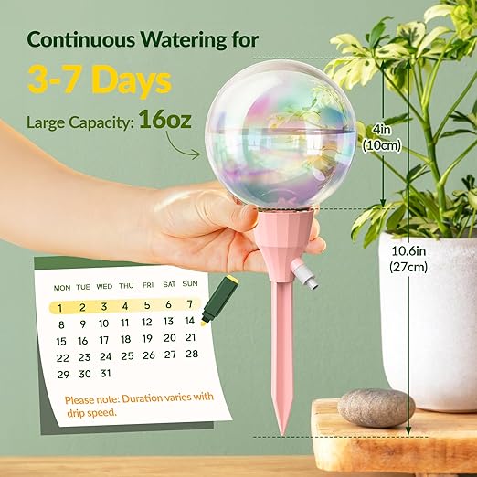 NiHome 4PCS 16OZ Adjustable Flow Control Plant Self-Watering Drippers, Long-Lasting Automatic Watering Globes for Indoor Outdoor Plants, Tulip Shape Design for Small to Medium Pots (2 Pink + 2 Green)
