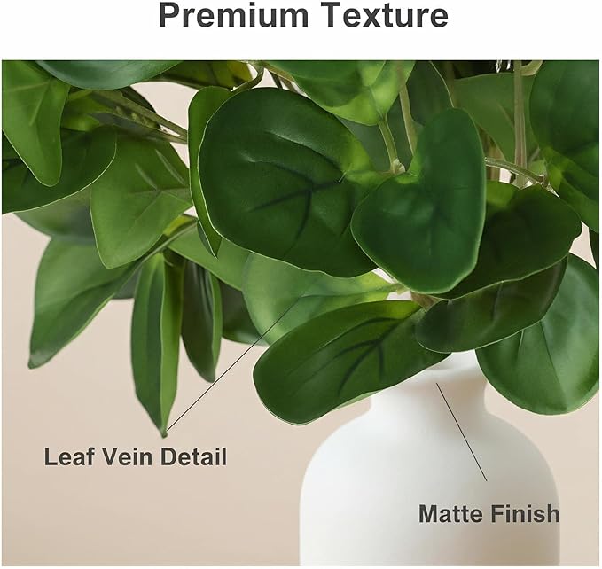15" Artificial Eucalyptus Stems Potted Plant - Realistic Small Fake Desk Plants for Office Home Decor, Faux Plants in Frosted Ceramic Vase for Indoor Spaces, Wedding Centerpieces Table Decor（2pcs leaf