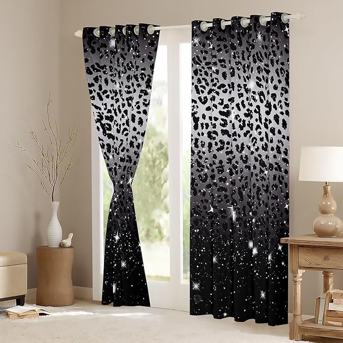 Leopard Print Curtains & Drapes,Black Grey Cheetah Skin African Big Cat Window Treatments,Sparkle Starry Sky Glitter Blackout Curtains 2 Panels 38"Wx54"L,Jungle Animal Wildlife Window Curtains