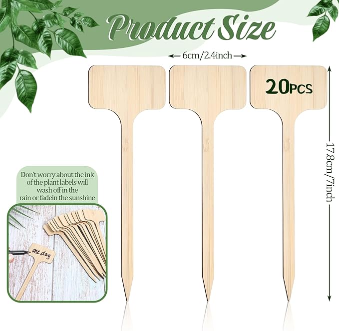 Thinp 20 Pcs T-Type Plant Labels, Bamboo Garden Labels Long Wooden T-Shape Plant Name Tags Garden Markers Sign-Plant Name Stakes for Seedling Vegetable Flowers Planting (6 X 18 cm)