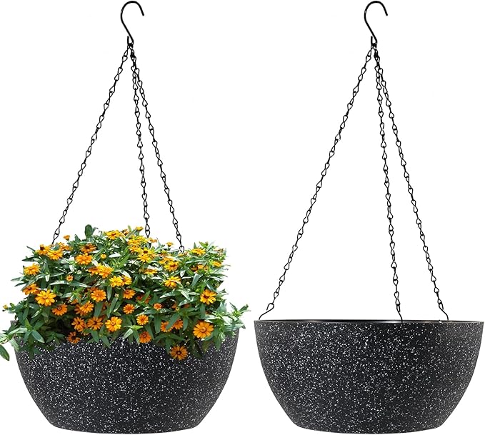 WSMKSZ 10 inch Hanging Planters for Outdoor Indoor Plants with Drainage Holes and Chain, 2 Pack Round Hanging Flower Pots for Garden Home Porch Decor, Speckled Black