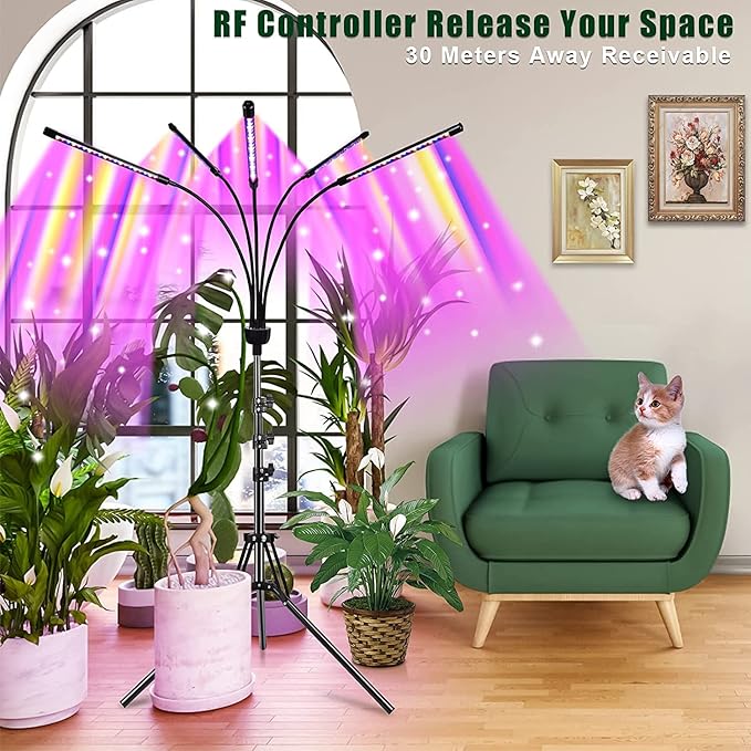 yentbokj Grow Lights for Indoor Plants,5 Heads Red Blue White Full Spectrum Plant Light with 15-60" Adjustable Tripod Stand, Indoor Grow Lamp with Remote Control and Auto On/Off Timer Function