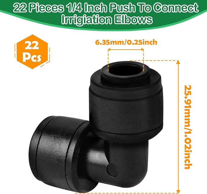 1/4 Inch Drip Irrigation Elbow Fittings, 22 Pieces Push-to-fit Corner 90 Degree Elbow Connectors for 1/4" Irrigation Tubing Leak Free Drip Line Parts for Garden Lawn Irrigation System