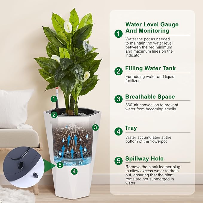 GarveeLife 22.5 in Tall Diamond Planters Set of 2, Self Watering Planters with Water Level Monitor, Flower Pots Outdoor and Indoor for Patio, Porch, Living Room, Home Office, White