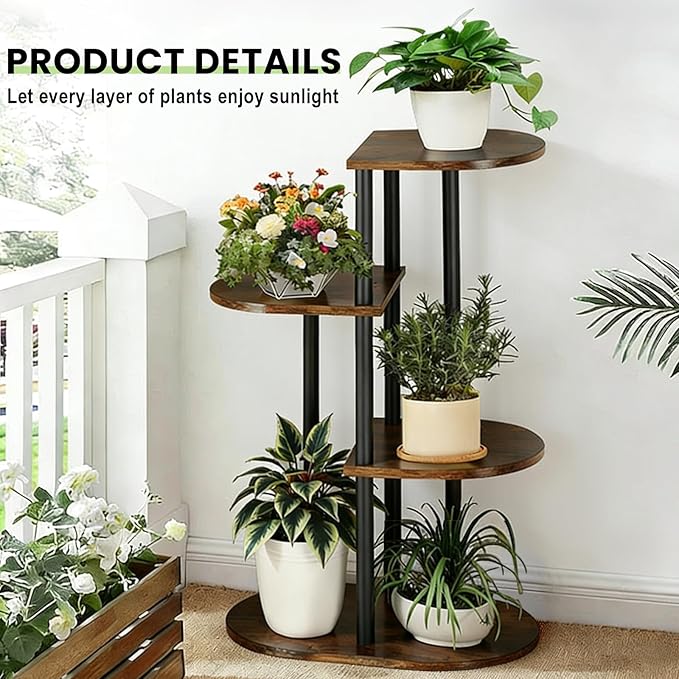 Tiered Plant Stand Indoor, Tall 4 Tier 5 Potted Wooden Plant Shelf for Multiple Flower Plants, Multi Corner Metal Plant Holder Indoor for Patio Garden Patent Design Living Room Balcony Bedroom, Rustic Brown