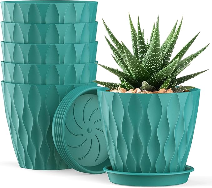 UOUZ 6 Pack 4 Inch Small Plant Pots with Saucers, Waffle Texture Plastic Planters with Drainage Holes for Indoor and Outdoor Plants, Flowers, Herbs, Succulents, and Seedlings, Blue