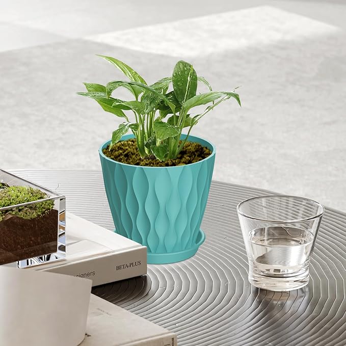 UOUZ 6 Pack 4 Inch Small Plant Pots with Saucers, Waffle Texture Plastic Planters with Drainage Holes for Indoor and Outdoor Plants, Flowers, Herbs, Succulents, and Seedlings, Blue