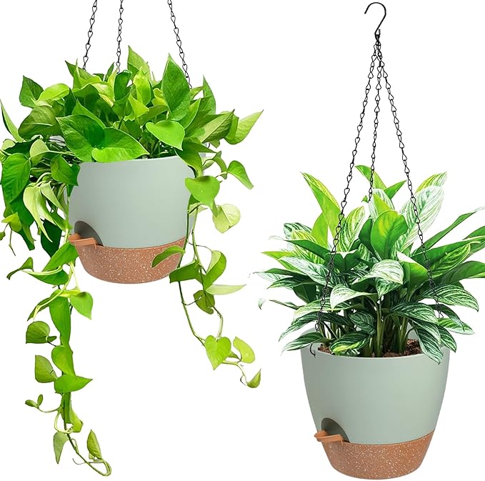 Vanslogreen Hanging Planters for Indoor Outdoor Plants, 2 Pack Self Watering Hanging Pot with Drainage Holes & Removable Tray (Green, 6'')