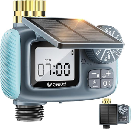 Solar Power Sprinkler Timer with Brass Inlet, CyberOrd Programmable Water Timer for Garden Hose, Hose Timers with Rain Delay/Manual/Automatic Watering System, Digital Irrigation for Yard, Lawn, Garden