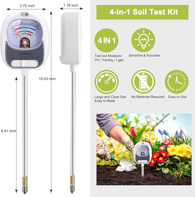 HSLGOVE 4-in-1 Soil Test Kit – Soil Moisture Meter, pH, Fertility & Sun-Light, No Battery Required, Large Dial Soil Tester for Indoor & Outdoor Gardening, Lawn, Farm –Pearl White