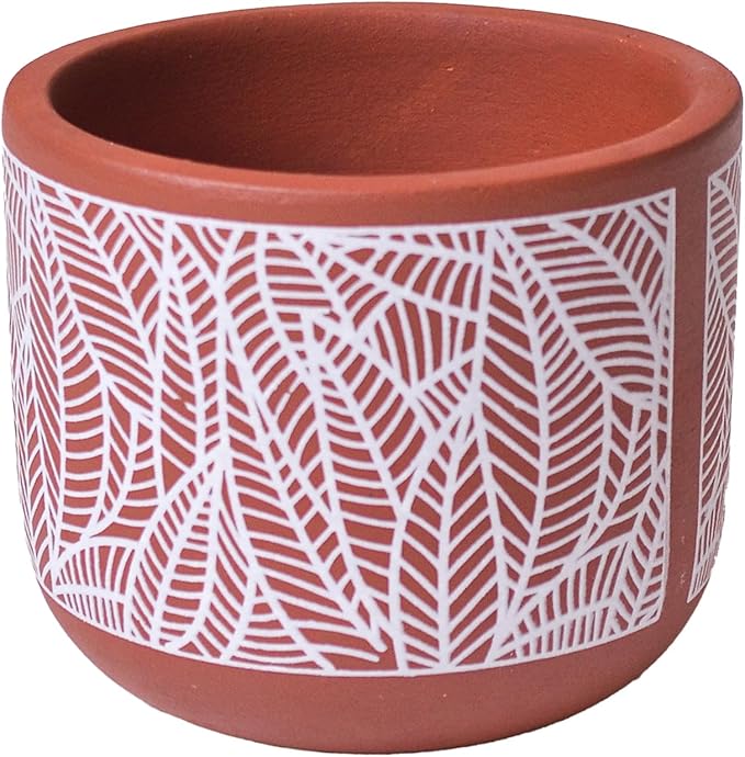 FINE Living 4 Inch Terracotta Pot with White Leaf Pattern, Boho Ceramic Planter Clay Pots for Indoor Plants, Succulent Planter with Drainage Hole and Mesh Net for Spring Gifts, Garden & Home Decor