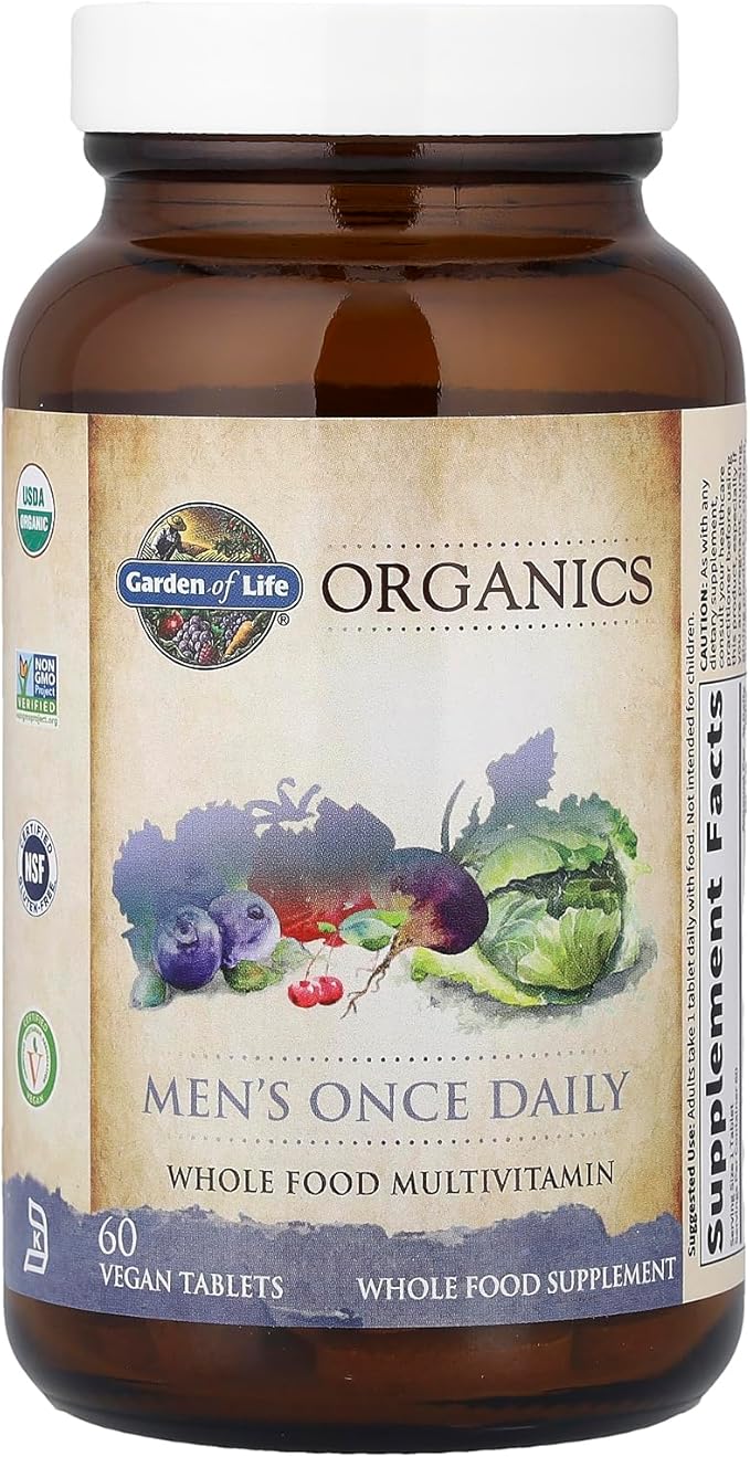 Garden of Life Once Daily Whole Food Multivitamin for Men, Organic Mens Vitamins & Minerals, Vitamin C, Zinc, Vegan, for Health & Well-Being, 60 Tablets