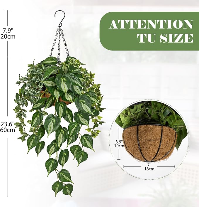 Fake Hanging Plant with Pot, Large Hanging Artificial Plants with Basket & Hanger Faux Greenery Plants Indoor Outdoor Decor Fake Pothos Plant in Pot for Wall Balcony Patio Office Bathroom Shelf