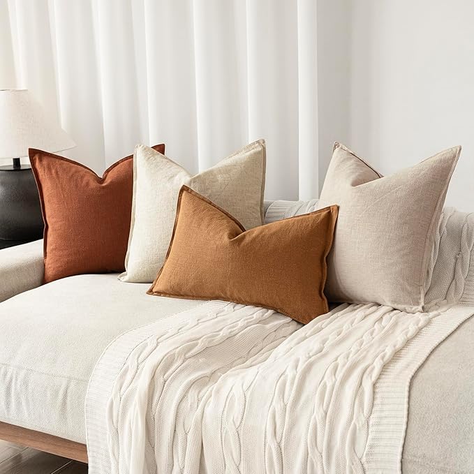 Foindtower Pack of 2, Decorative Linen Soild Throw Pillow Covers Soft Accent Cushion Case Farmhouse Neutral Pillowcase for Chair Couch Sofa Bedroom Living Room Home Decor 26 x 26 Inch Fall Rust Orange