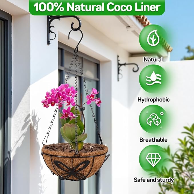 QCQHDU 2 Pack 8 inch Metal Hanging Orchid Baskets for Plants Outdoor, Hanging Orchid Planter Basket with Coco Liners, Orchid Pots with Holes for Garden, Patio, Deck, Porch Plants(Love)
