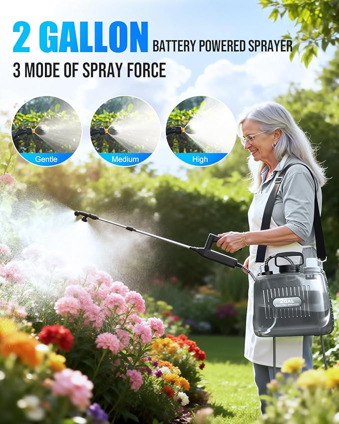 Battery Powered Sprayer 2 Gallon, Electric Weed Sprayer with 3 Adjustable Pressure Levels, 4 Nozzles & Extendable Wand, Rechargeable Garden Sprayer for Yard, Lawn, Plants & Fertilizer
