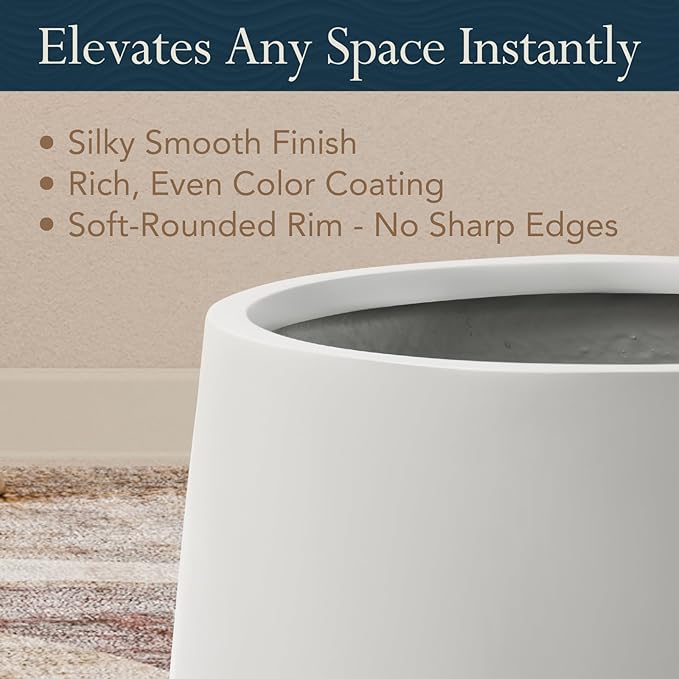 KUTE NEST 12.5" H x 11.4" D Premium Corso Fiberstone Round Tapered Planter with Drainage Hole, Smooth Finishes, Weather Resistant, Included 2 Extra Coco Mats (Light French Gray, 9" Pot Opening)