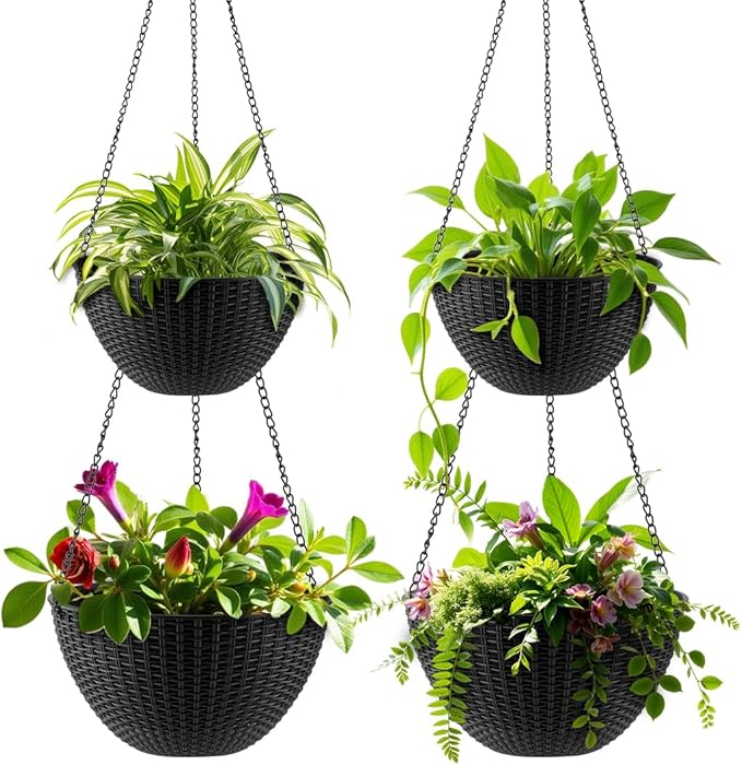 RooTrimmer Hanging Planters for Indoor Outdoor Plants 8 and 10 Inch, 4 Packs Hanging Flower Pot with Drainage Holes, Self-Watering Hanging Basket Perfect for Home, Office and Garden, Black