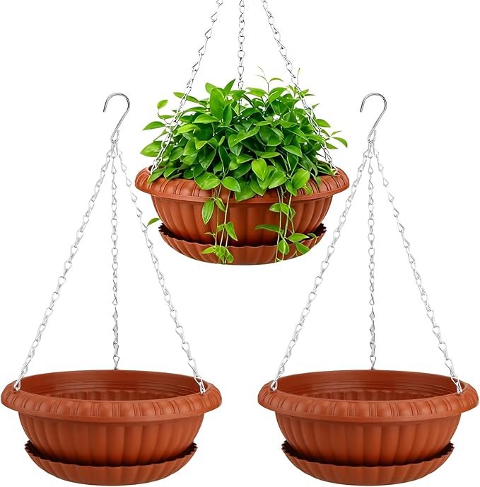 summer flower 3 Pack Large Hanging Planters 12.59in Plastic Plant Pots with Drainage Holes & Trays for Indoor Outdoor Garden Wall Window Decor (Red)
