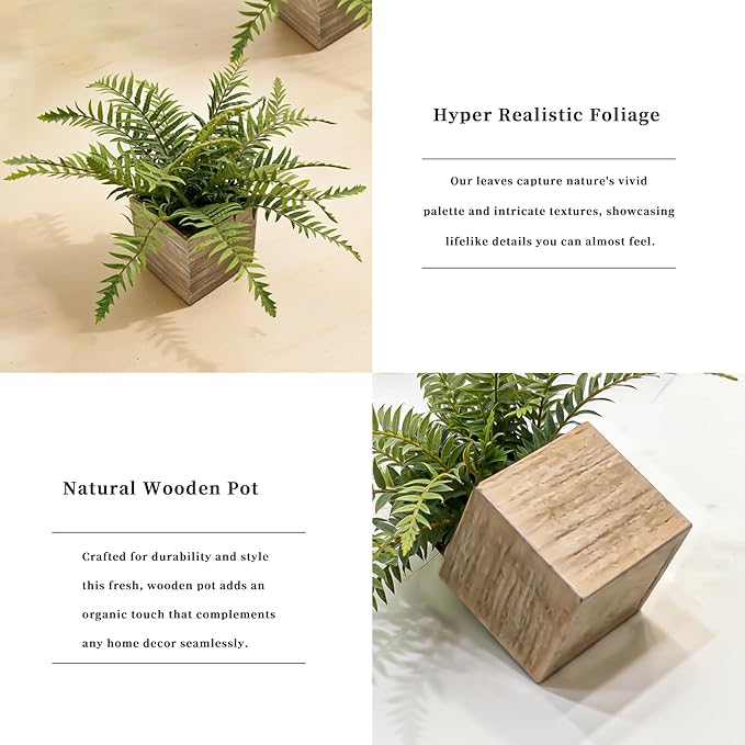 2 Pack Medium Fake Fern Plants with 4 Inch Wooden Planters, 9" Inch Tall Indoor Artificial Fern Plants for Shelves, Desktop, Bedroom, Office Decor