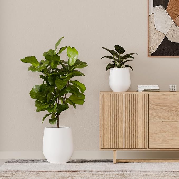 KUTE NEST 12.5" H x 11.4" D Premium Corso Fiberstone Round Tapered Planter with Drainage Hole, Weather Resistant for Indoor and Outdoor Use, Included 2 Extra Coco Mats (White, 9" Pot Opening)