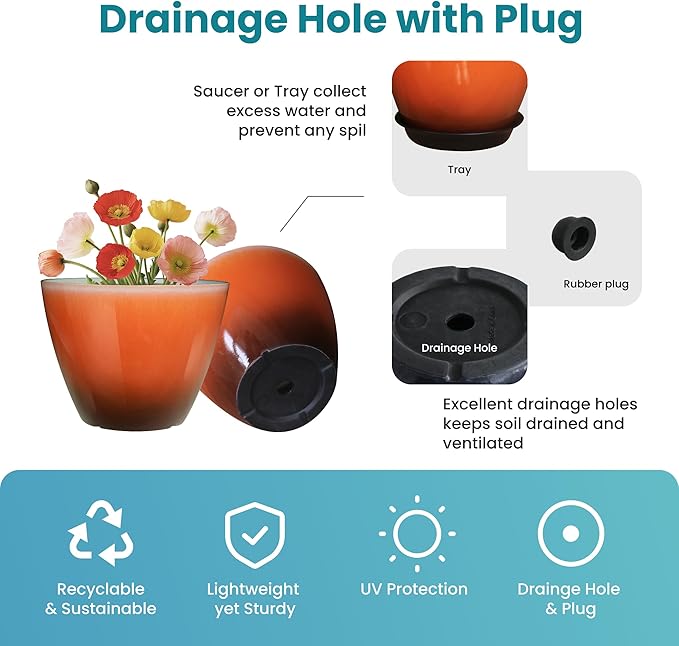 Vanslogreen 2 Pack Plastic Plant Pots with Drainage Holes, 8 inch Planter for Indoor Outdoor Plant, Garden Flower Pots for Aloe, Herbs, Cactus (Orange, 2pcs)