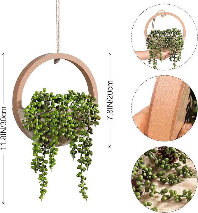 Artificial Hanging Plants Hanging Planter Fake Succulents Artificial String of Pearls with Pot and Lanyard for Home Office Wall Decoration