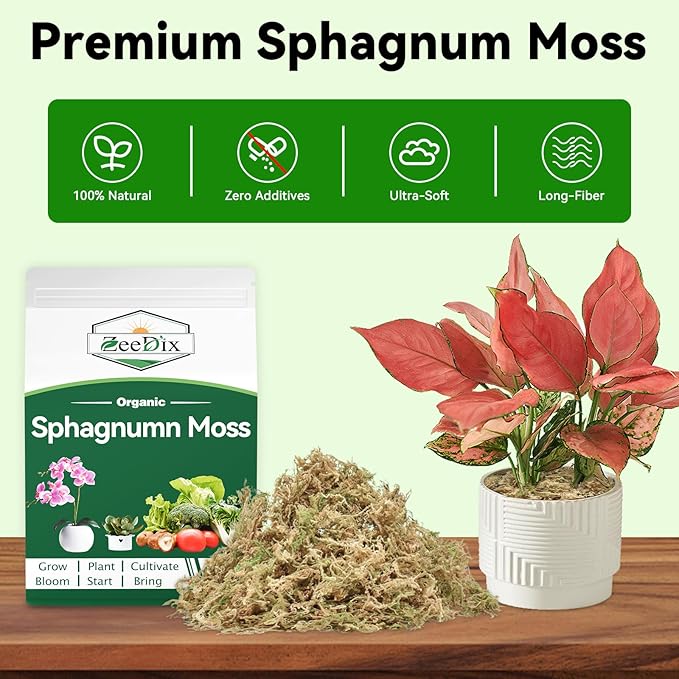 ZeeDix Natural Sphagnum Moss for Plants, Orchid Moss Potting Mix for Repotting, High Water Retention, Help with Maintain Humidity, Plant Moss for Gardening, Hanging Baskets, Reptile Bedding, 1QT