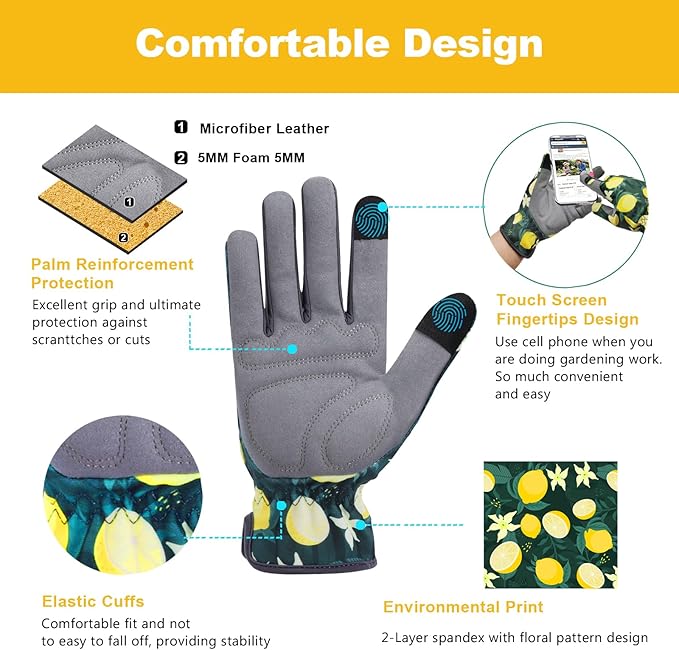 KDK Gardening Gloves for Women, Flexible Breathable Garden Gloves, Leather Working Gloves for Weeding, Digging and Pruning (M-Lemon)