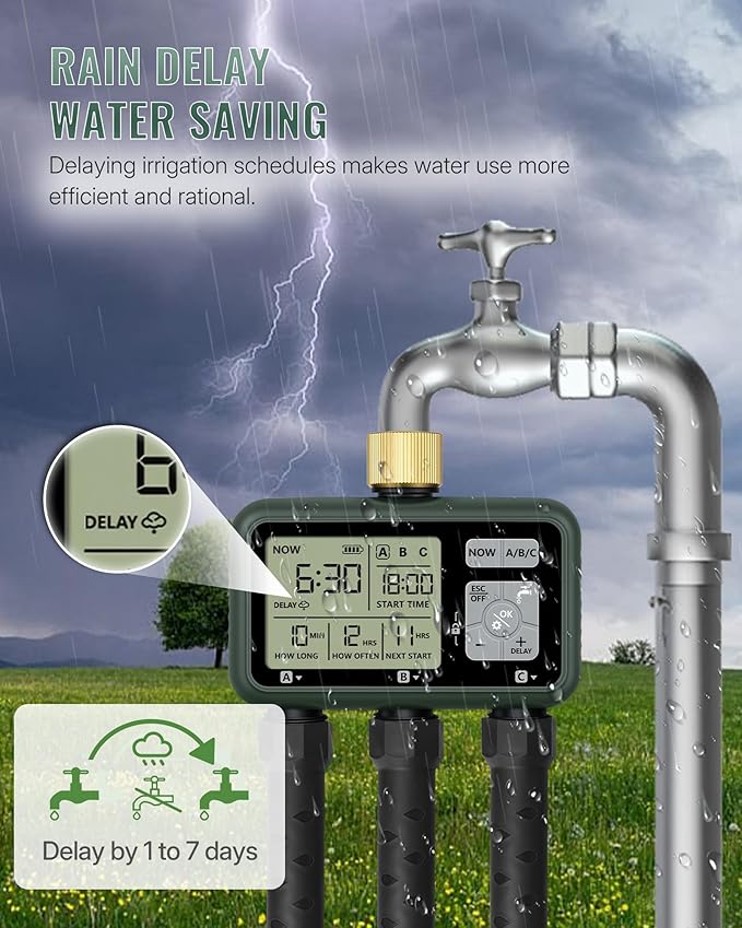 3 Zone Brass Sprinkler Timer, Garden Hose Timer, Automatic Irrigation System, Programmable Faucet, 3 Outlets, with Rain Delay, Manual Mode,Child Lock, for Yard, Garden, Lawn, Green E13WT06
