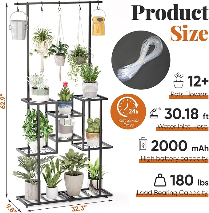 4 Tier Plant Stand with Automatic Drip Watering System, Indoor Outdoor Metal Plant Shelf with Hanging Rod, Holds 12 Pots, Space Saving Plant Display & Organizer