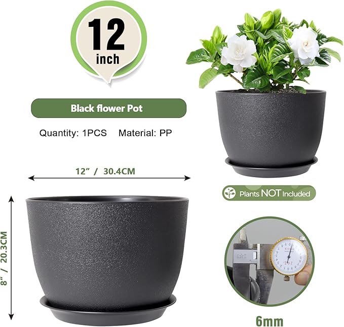 Meowell 12 inch Large Plant Pots, Plastic Planters with Drainage Holes and Saucers, Flower Pots for Indoor Outdoor Plants, Modern Decorative Pots for Garden House Plants, Black