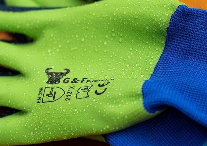 G & F 1537L-6 6 PAIR PACK Aqua Gardening women's Gloves with Double Microfoam Latex Water Resistant Palm， Women's Large Size