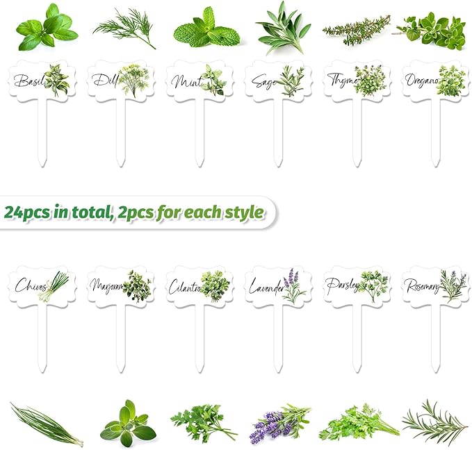 AnyDesign 24Pcs Acrylic Herb Plant Label Signs 12 Styles Garden Herb Markers Waterproof T-Type Tags Plant Stake Tags with Names for Nursery Indoor Outdoor Garden Decor