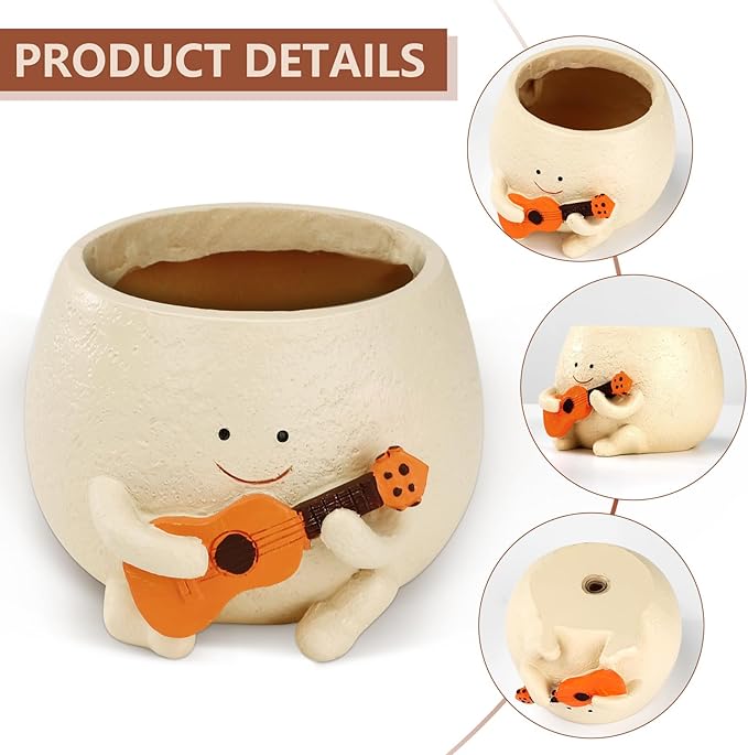 Face Planter Pot Funny Smiley Head Plant Pots with Drainage Hole for Indoor Plants, Cute Guitar Succulent Flower Pot, Unique Gifts on Birthday, Christmas
