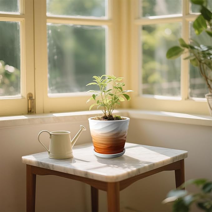 6.7 + 5.5 Inch Plant Pot,Ceramic Planter with Drainage and Saucer,Ceramic Pots for Plants,Indoor Plant pots,Planters for Indoor Plants(Khaki + White)