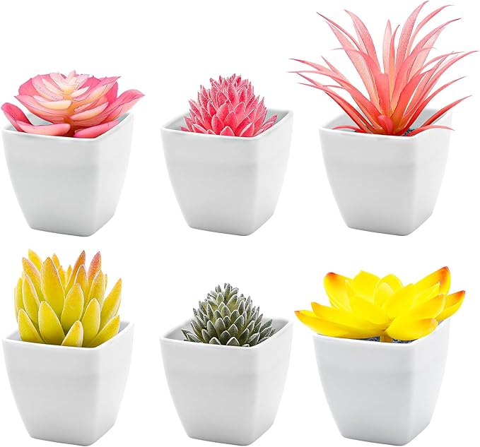 6 Pcs Pink Artificial Succulent Plants in Black Pots, Small Fake Succulents for Pink Room Decor Bathroom Decor Office Desk, Lifelike Faux Plants with Minimalist Modern Aesthetic