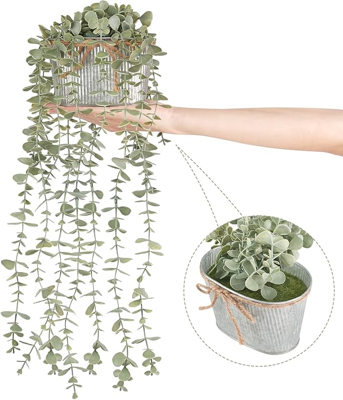 Mkono Fake Hanging Plants in Farmhouse Galvanized Pots Rustic Faux Potted Eucalyptus Greenery Indoor Artificial Plants for Book Shelf Mantel Living Room Bathroom Bedroom Home Office Decor (1, Grey)