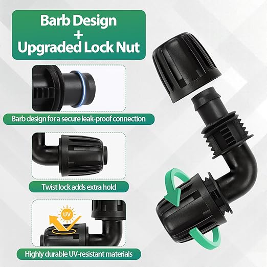 RedChili 14 Pcs 1/2 Inch Irrigation Tubing Elbow Fittings, (1/2" ID x0.6-0.65" OD) 16mm Drip Tubing Barbed Locked Nuts Connectors Anti-Drop 1/2" 90 Degree Elbow Parts for Garden Lawn Irrigation System