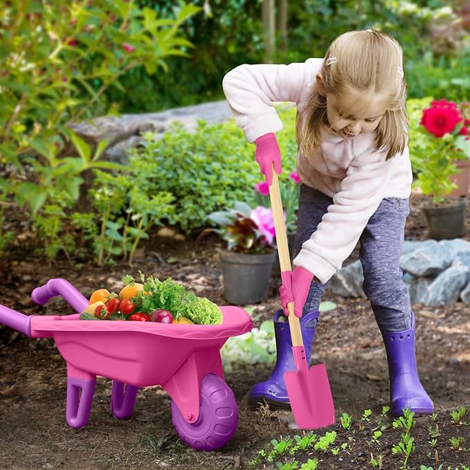 Qtioucp Kids Gardening Tools Outdoor Toys Set Backyard Play with Wheelbarrow Educational STEM Learning Pretend Toys Outdoor Indoor for Toddlers Kids Boys Girls